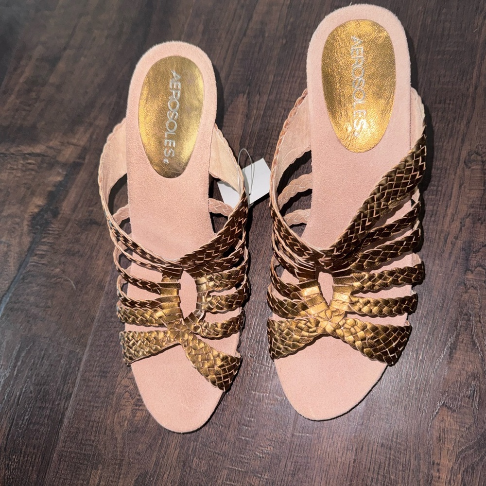 Aerosoles Vintage Gold Suede Slide Sandals with Metallic Braided Straps